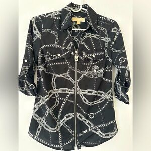 Michael Kors Status Print Roll Tab Zippered Blouse - XS